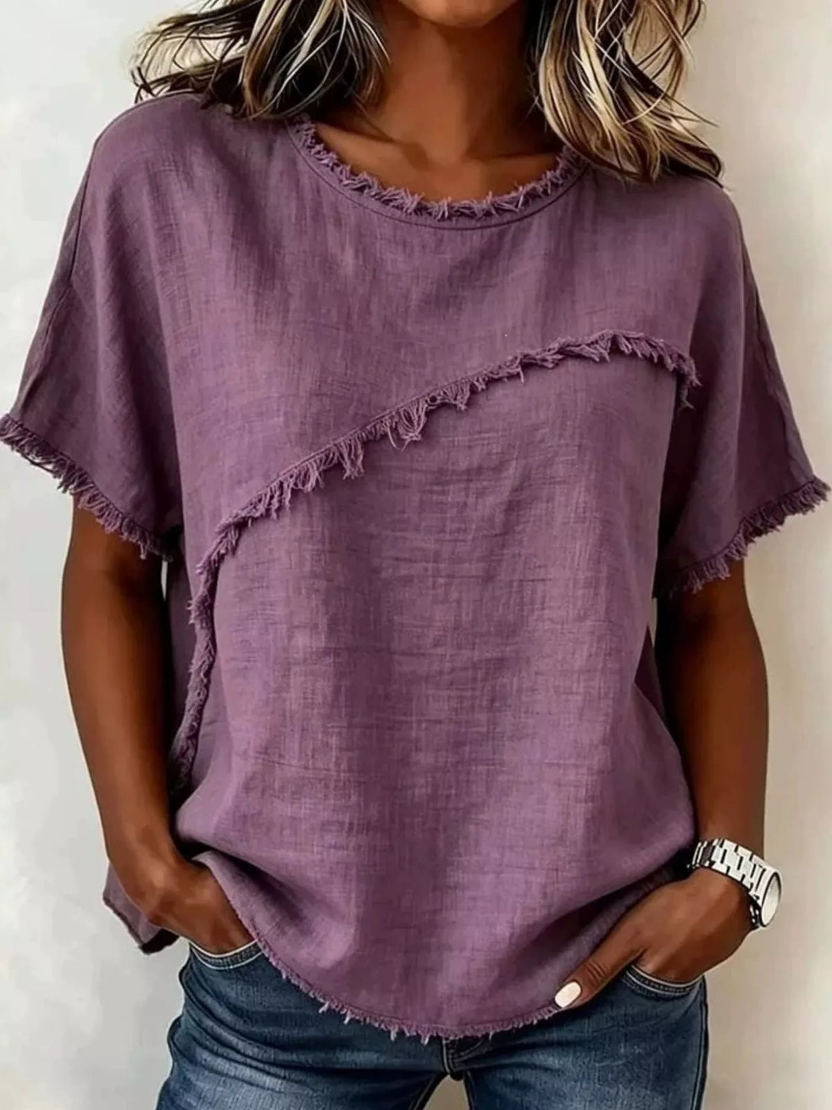 Blusa de manga corta con borde deshilachado — talla completa