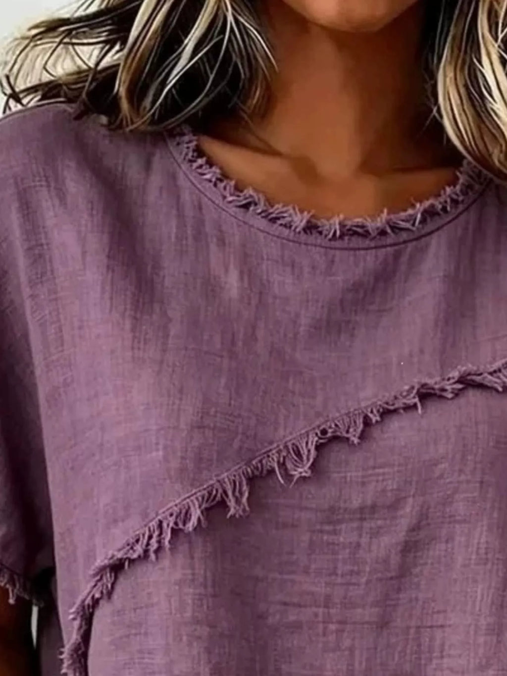 Short-sleeved blouse with frayed hem — full size