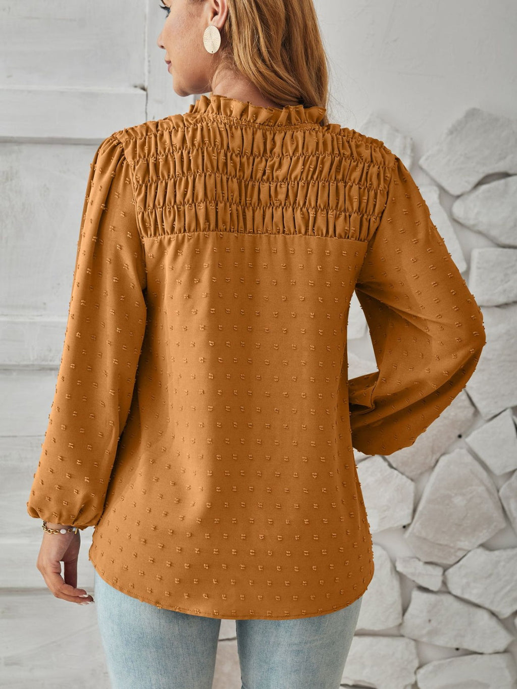 Puff sleeve Swiss dot smocked blouse