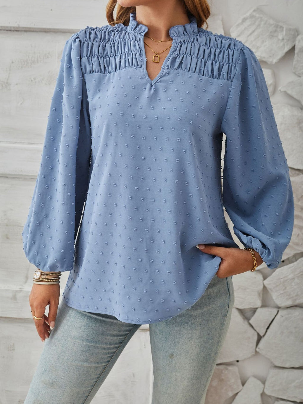 Puff sleeve Swiss dot smocked blouse