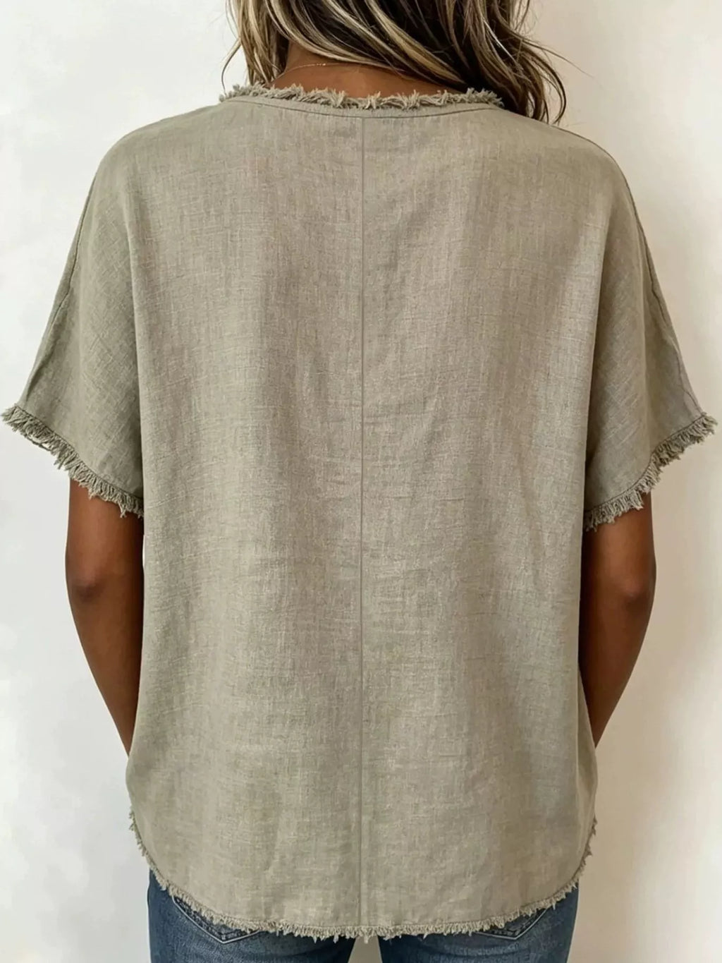 Short-sleeved blouse with frayed hem — full size