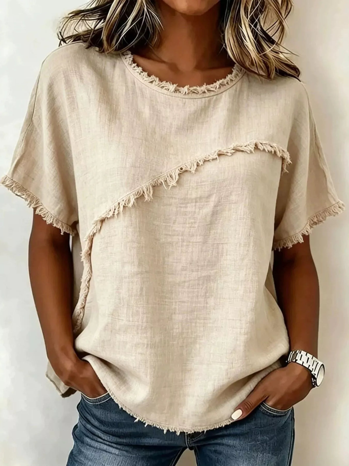 Blusa de manga corta con borde deshilachado — talla completa