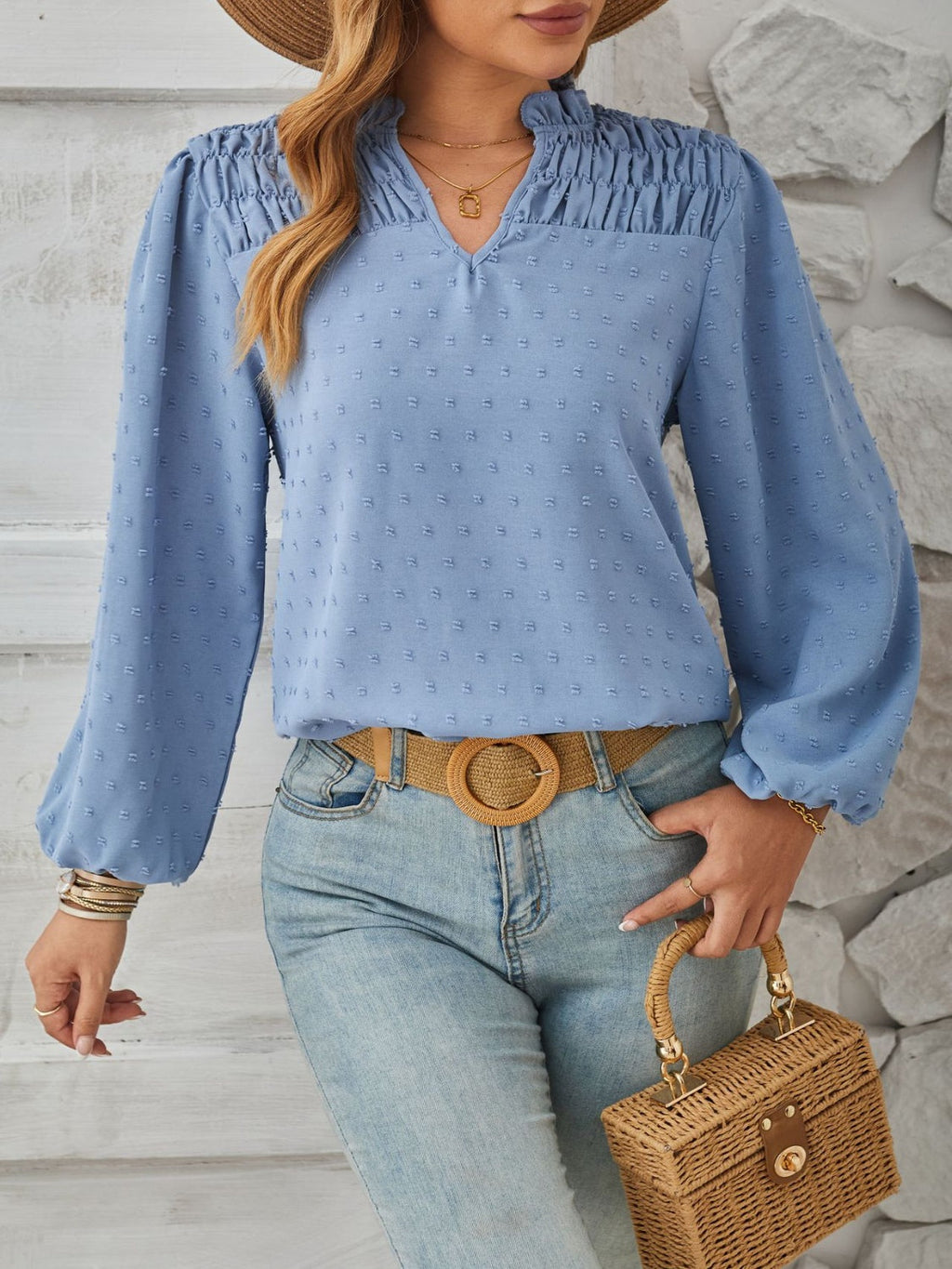 Puff sleeve Swiss dot smocked blouse