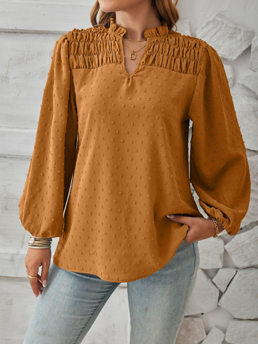 Puff sleeve Swiss dot smocked blouse