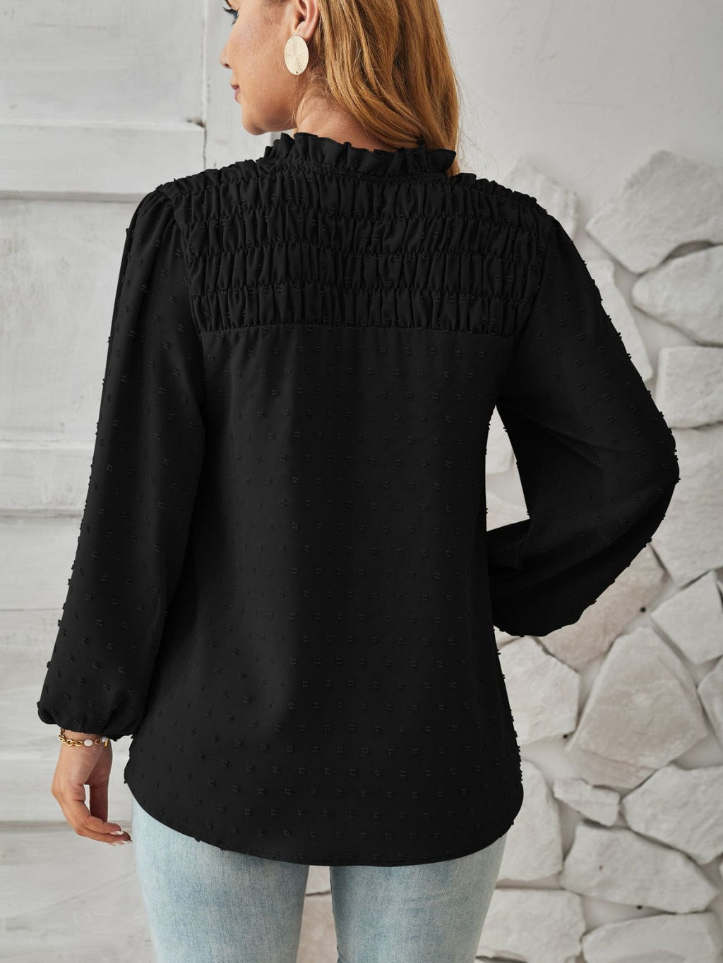 Puff sleeve Swiss dot smocked blouse