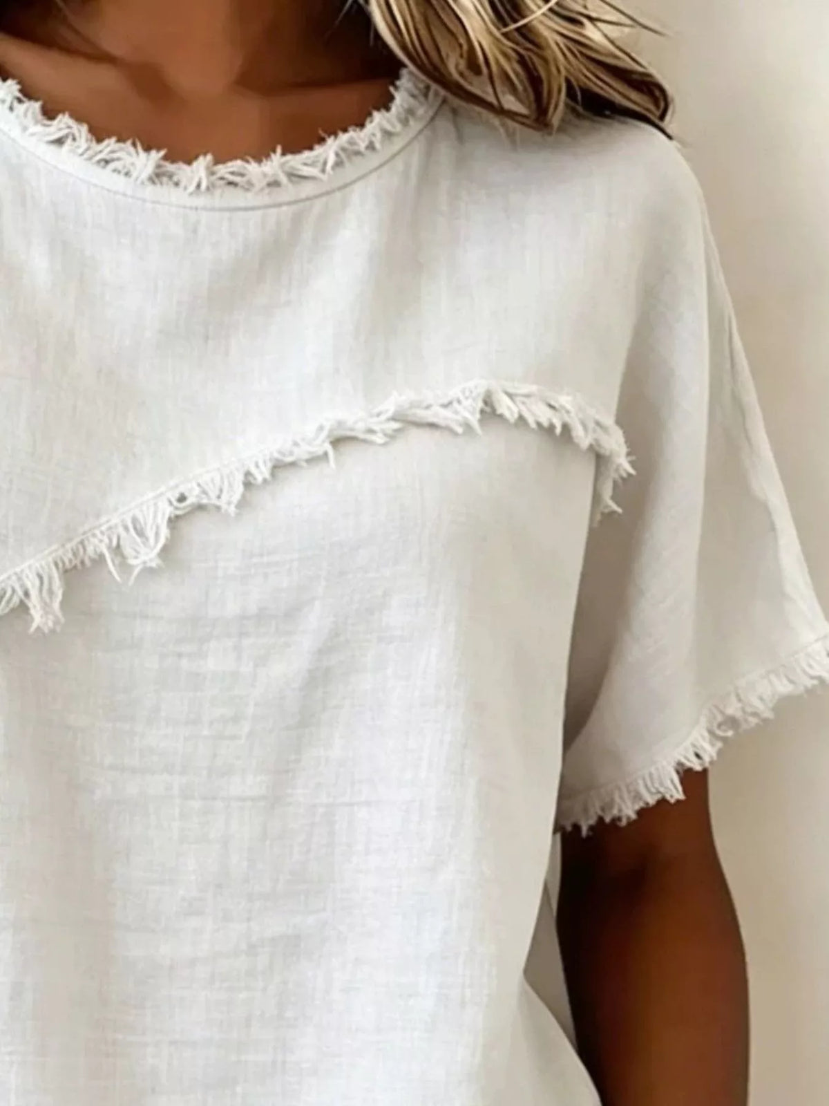 Short-sleeved blouse with frayed hem — full size