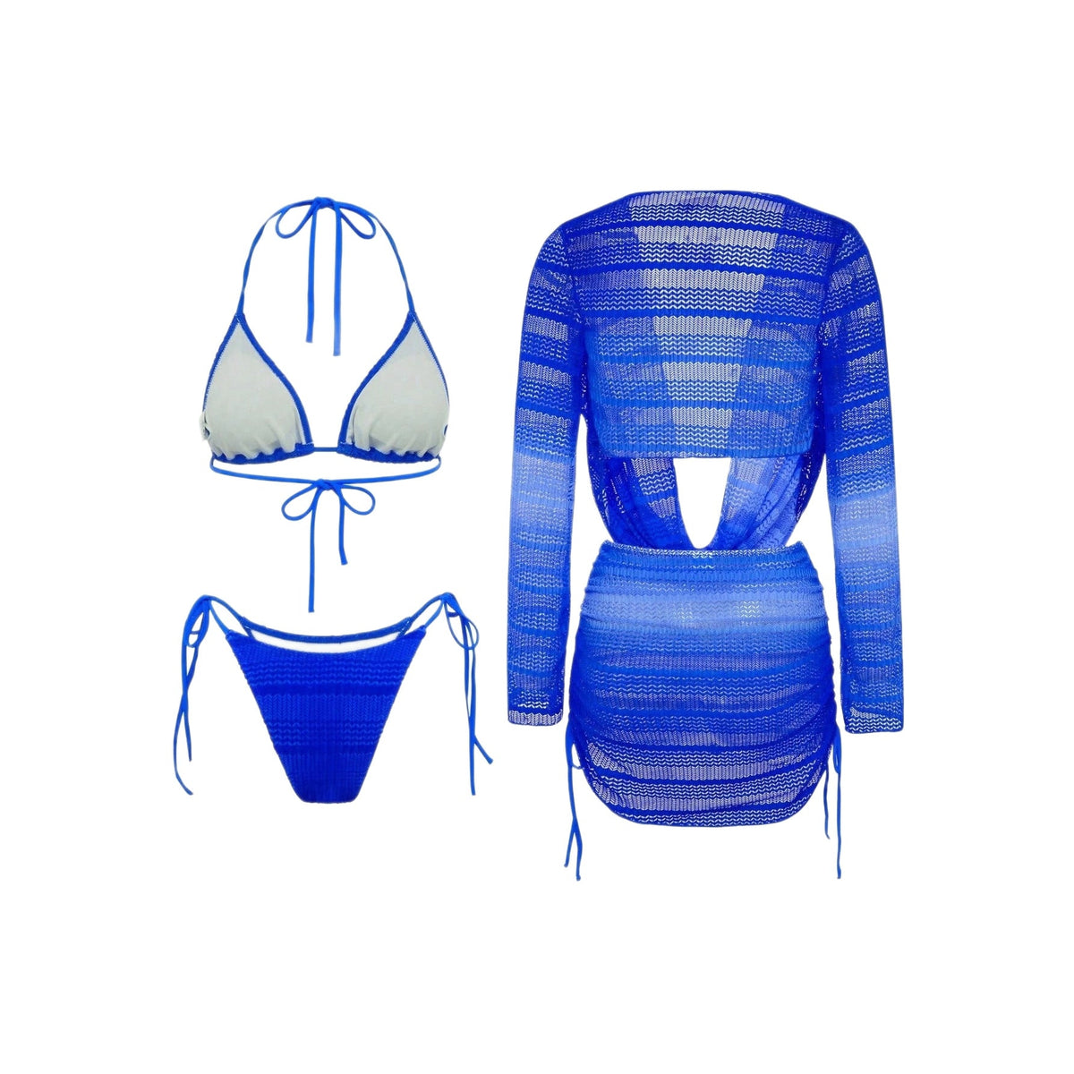 Conjunto de playa de 4 piezas con bikini y vestido de malla tie-dye