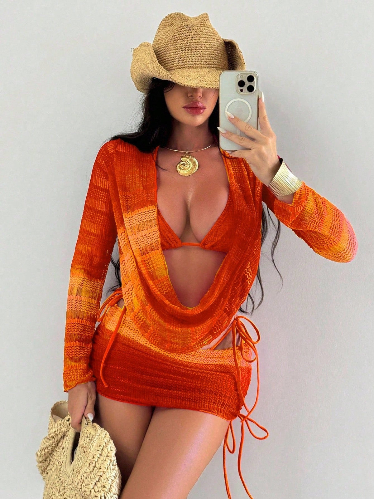 Conjunto de playa de 4 piezas con bikini y vestido de malla tie-dye