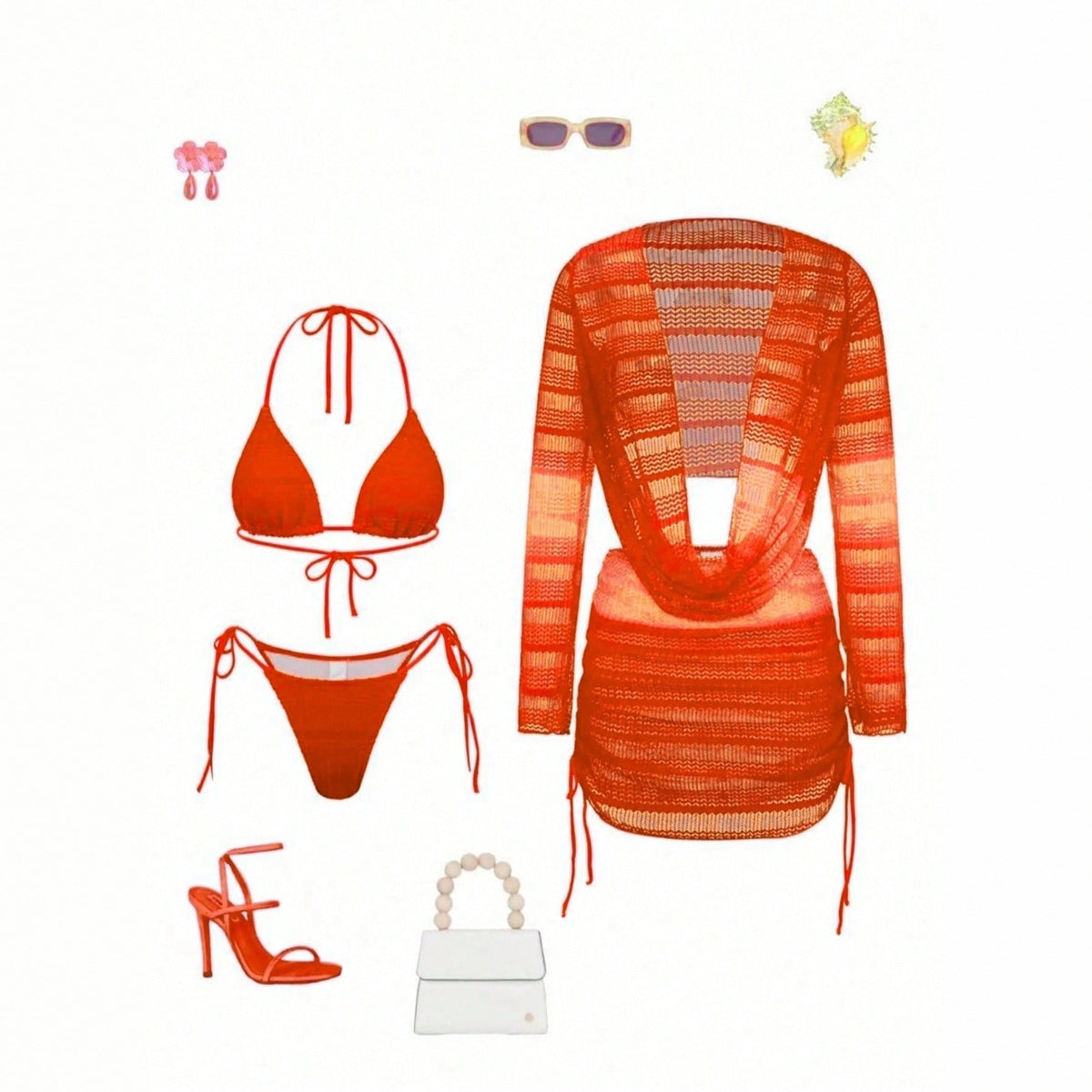 Conjunto de playa de 4 piezas con bikini y vestido de malla tie-dye
