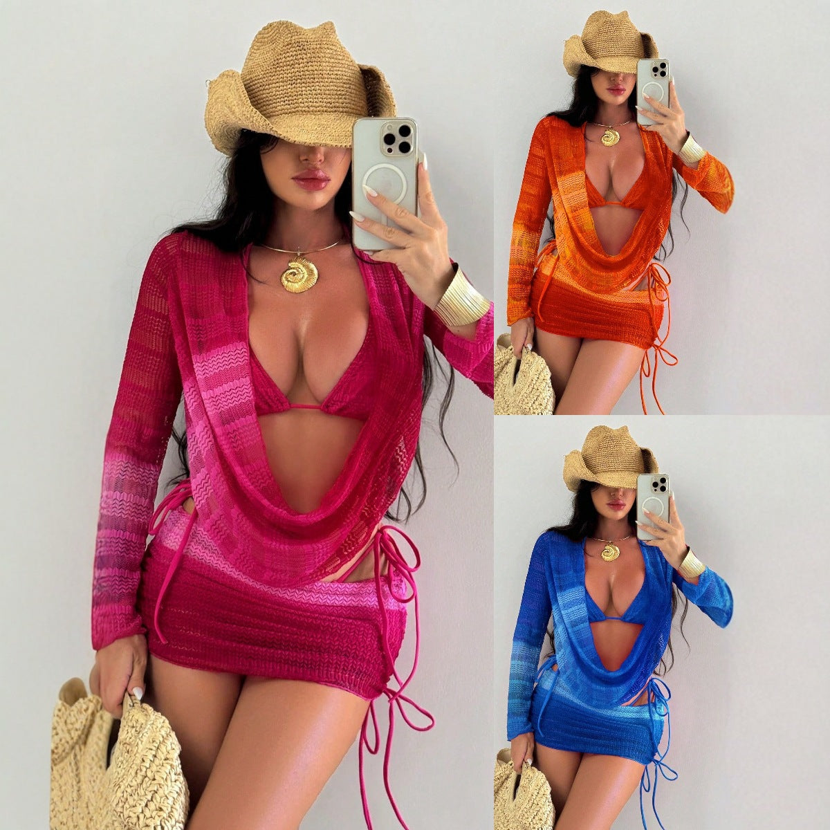 Conjunto de playa de 4 piezas con bikini y vestido de malla tie-dye