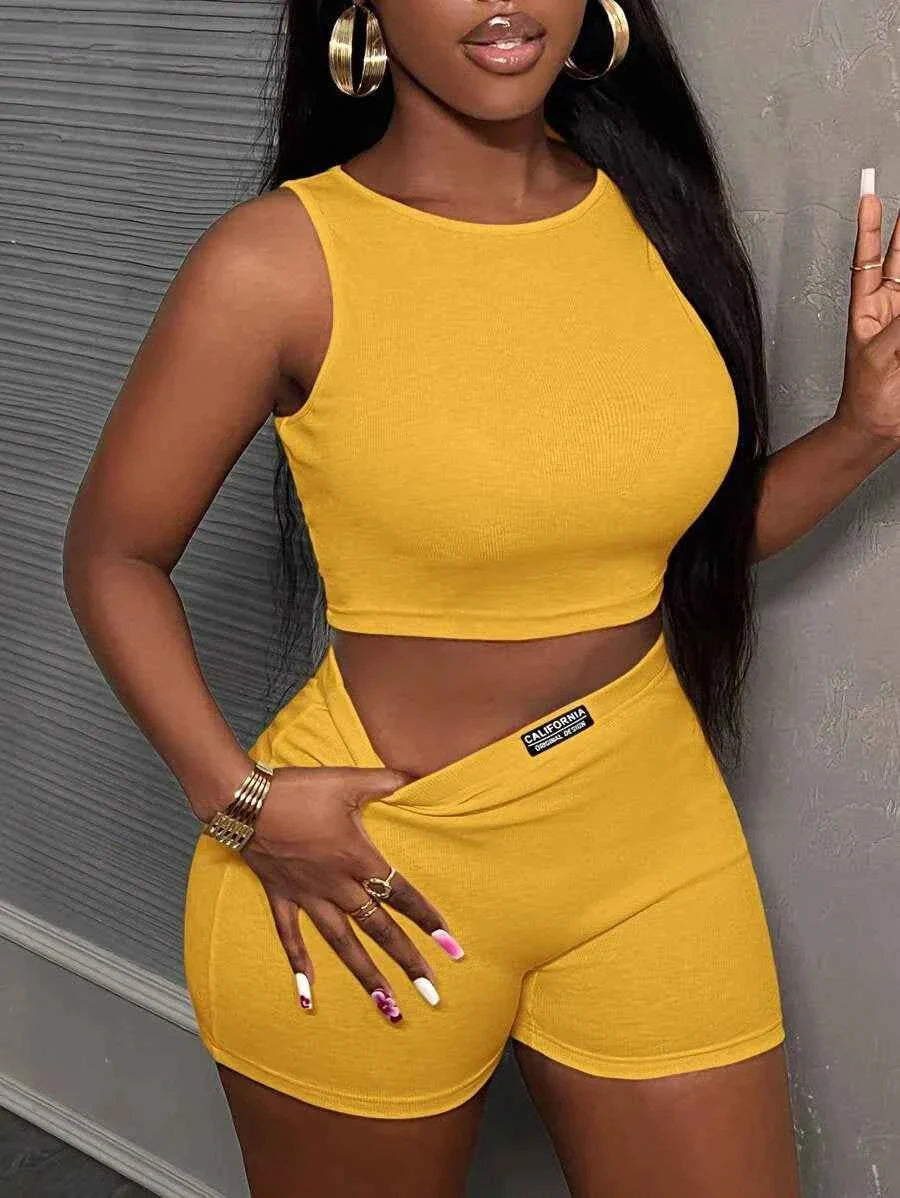 Ribbed crop top and shorts urban set in turmeric