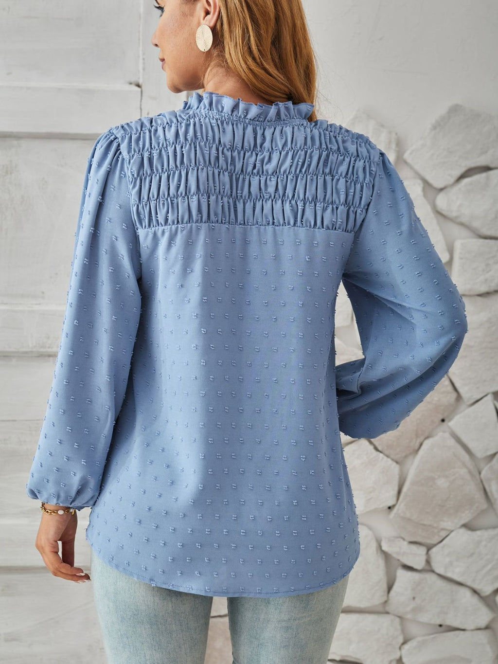 Puff sleeve Swiss dot smocked blouse