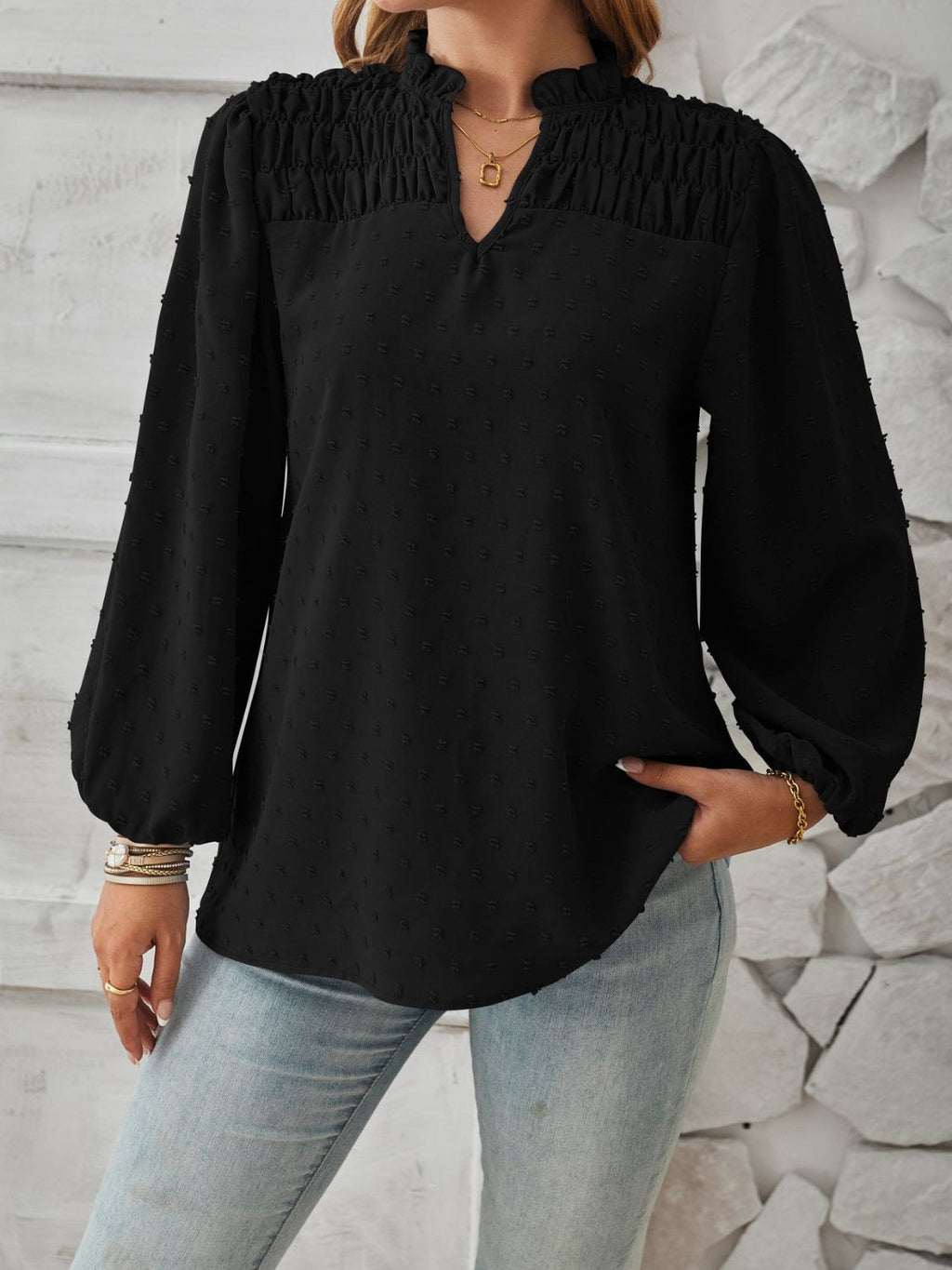 Puff sleeve Swiss dot smocked blouse