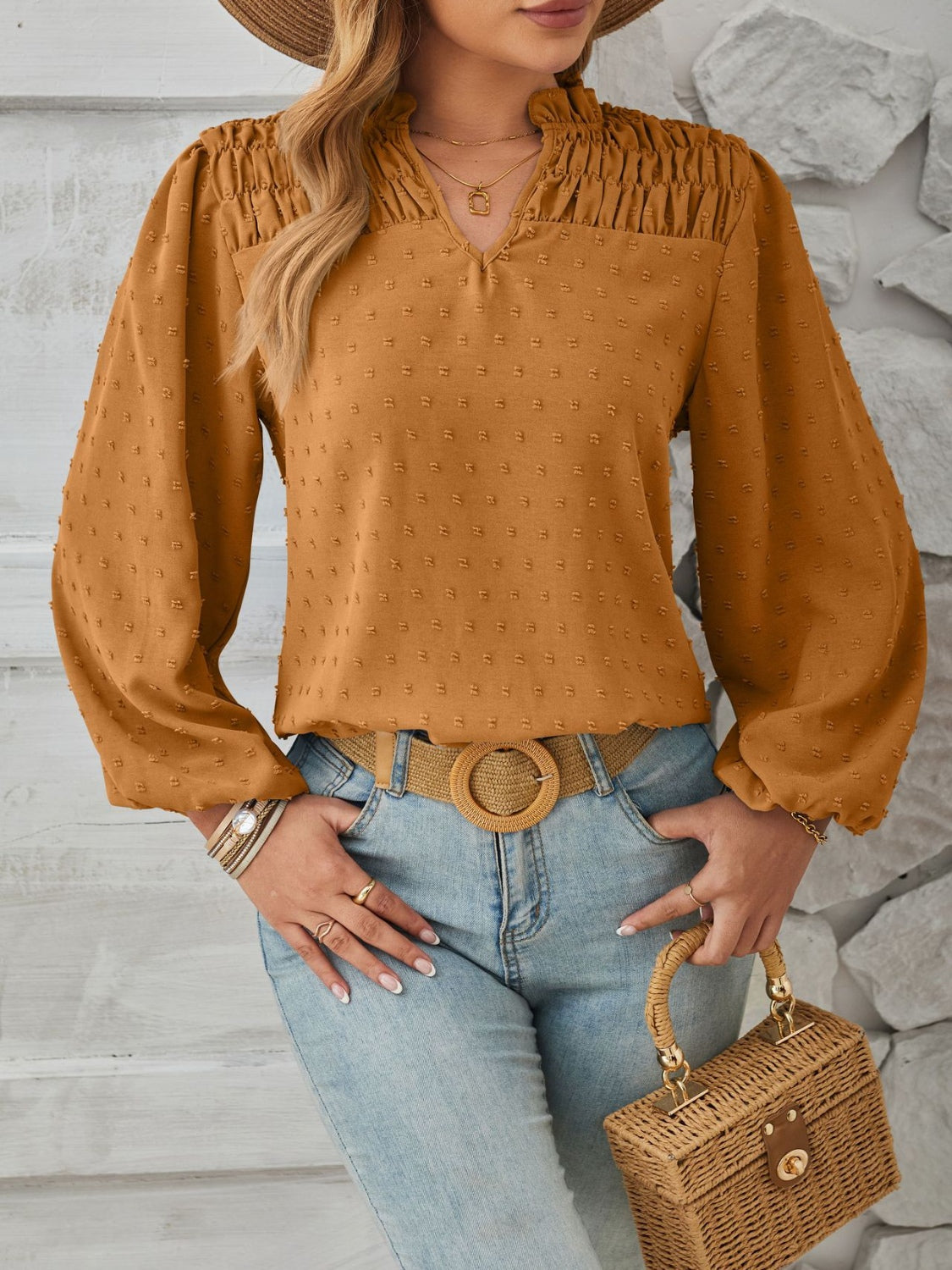 Puff sleeve Swiss dot smocked blouse