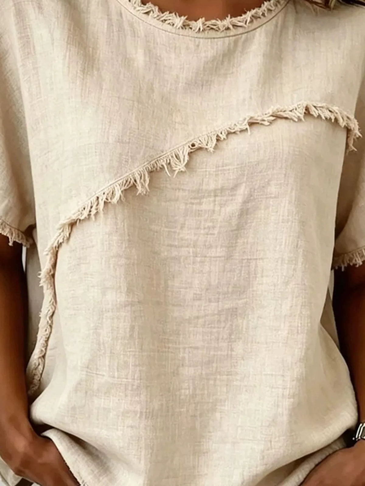 Short-sleeved blouse with frayed hem — full size