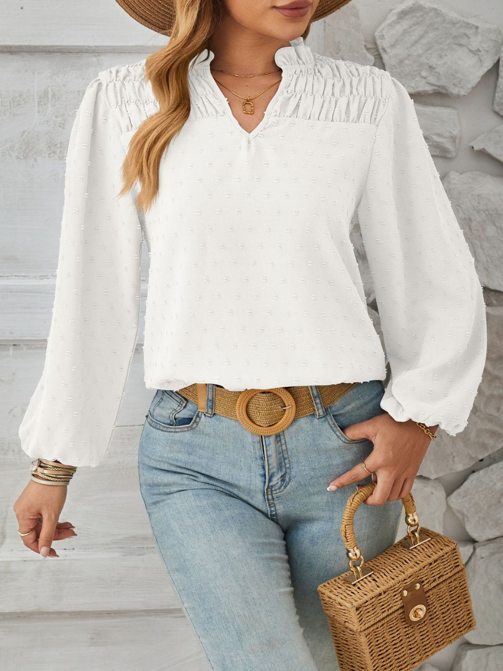 Puff sleeve Swiss dot smocked blouse