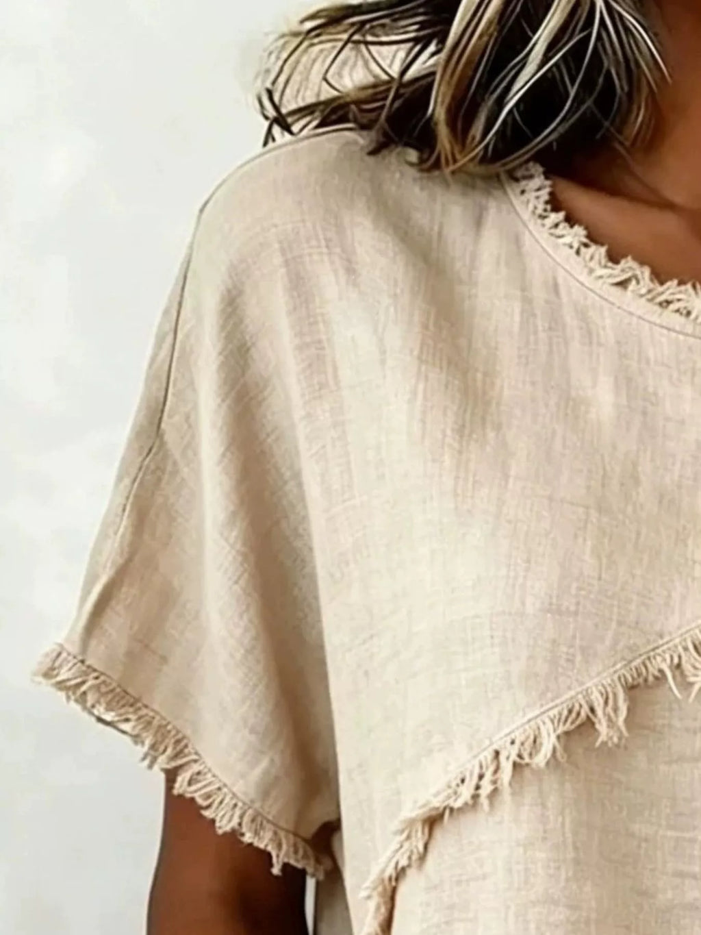 Short-sleeved blouse with frayed hem — full size
