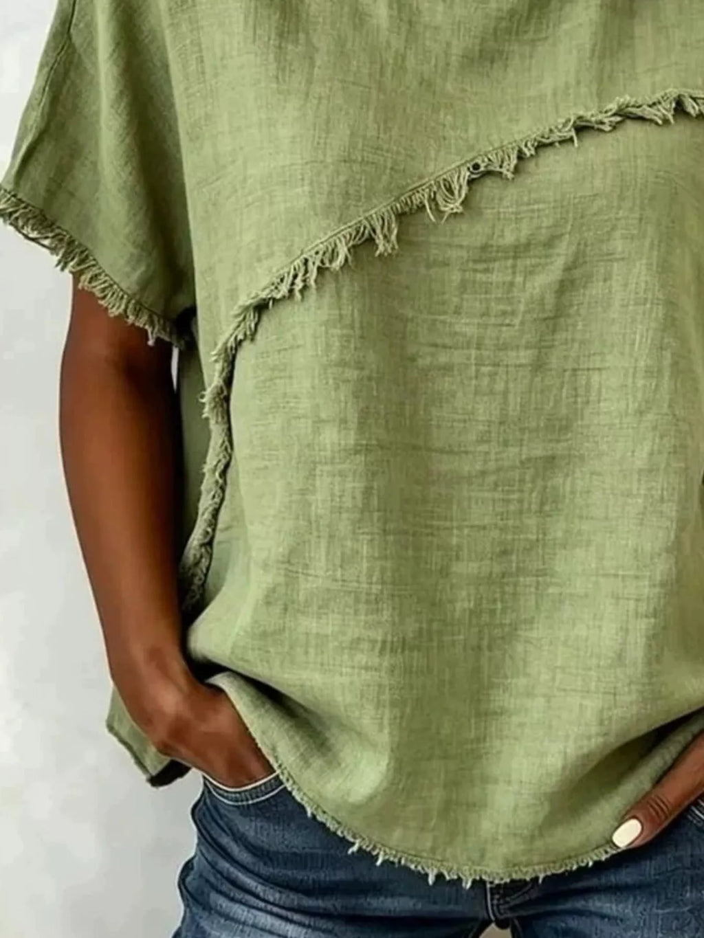 Short-sleeved blouse with frayed hem — full size