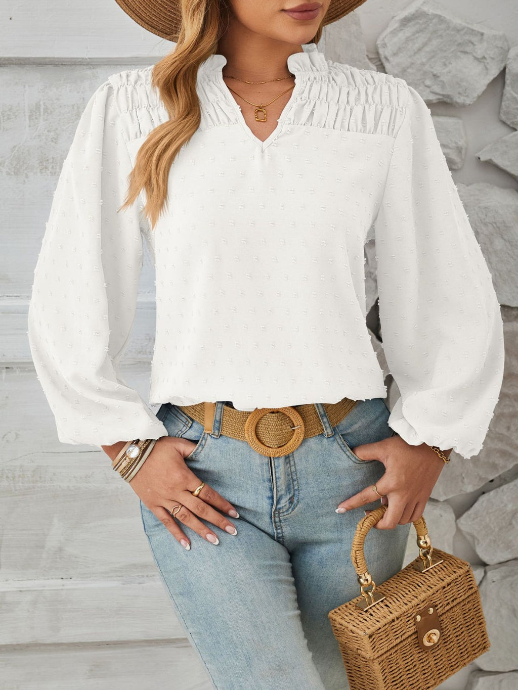 Puff sleeve Swiss dot smocked blouse